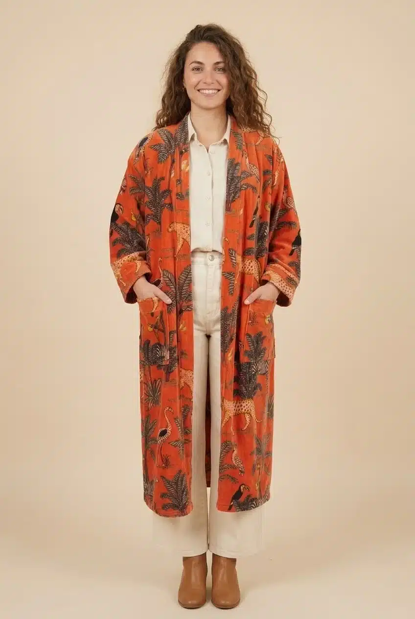 Kimono long en velours de coton imprimé orange brûle Amaya, porté ouvert avec poche-ÔTEZ Mode